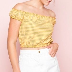 Yellow and white gingham off the shoulder cropped Brandy Melville top.